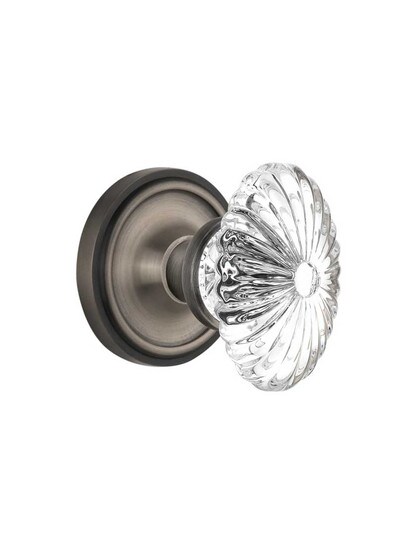 Classic Rosette Door Set with Oval Fluted Crystal Glass Knobs in Antique Pewter.